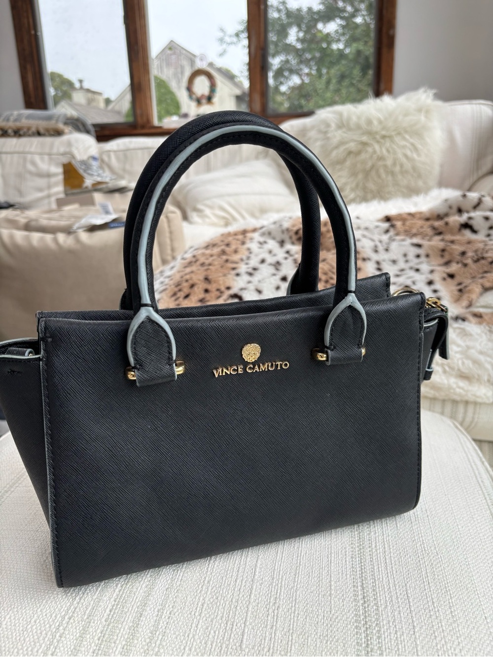 Vince Camuto Black Saffiano Satchel with Gold Accents